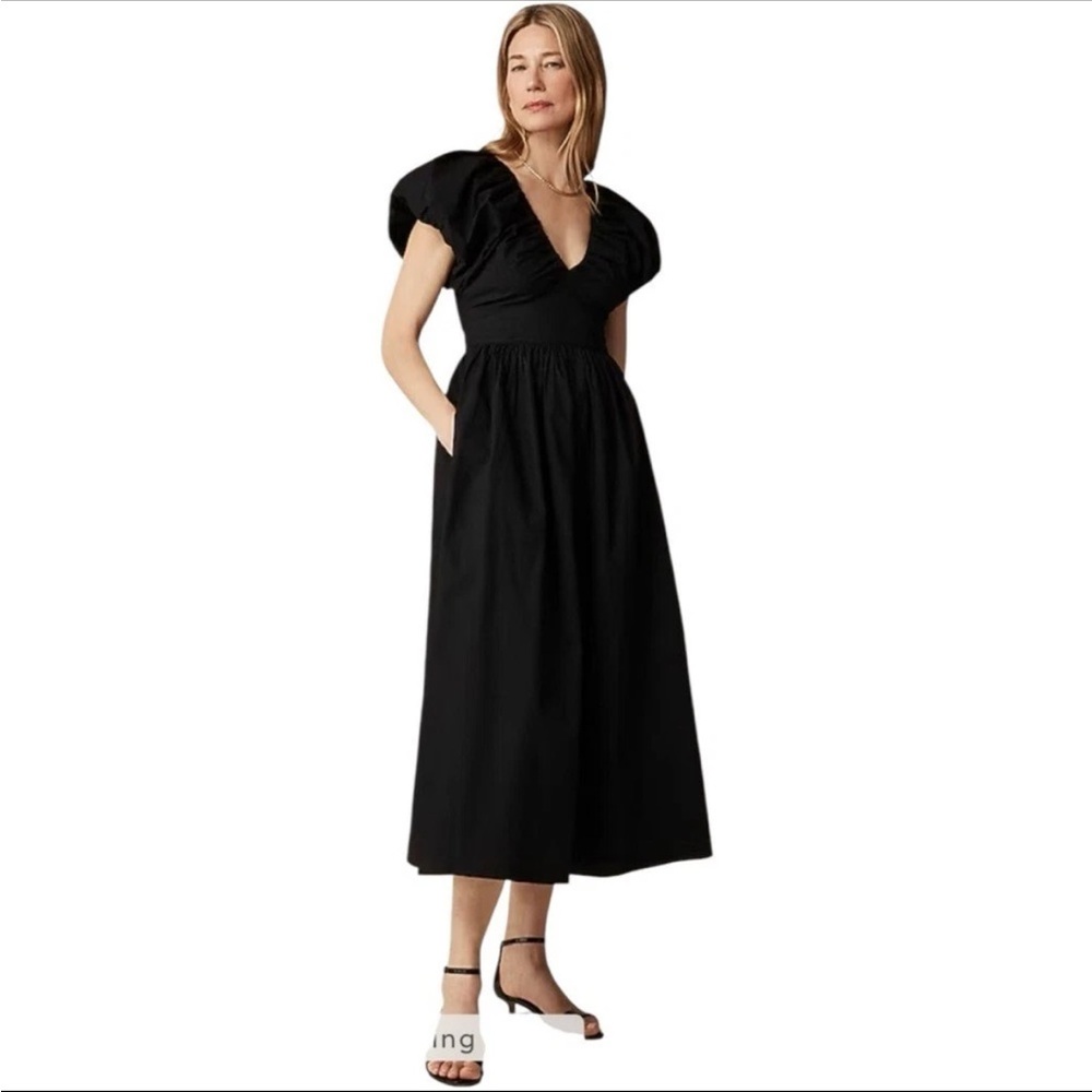 J. Crew Cecily Black V-Neck Puff-Sleeve Midi Dress with Pockets